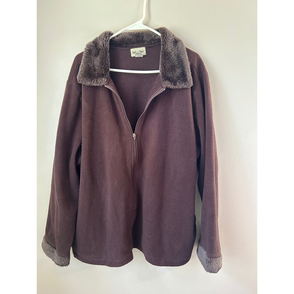 Madison Taylor Women's Brown Fleece Zip Up Jacket‎ Faux Fur Trim Size 2X Cozy